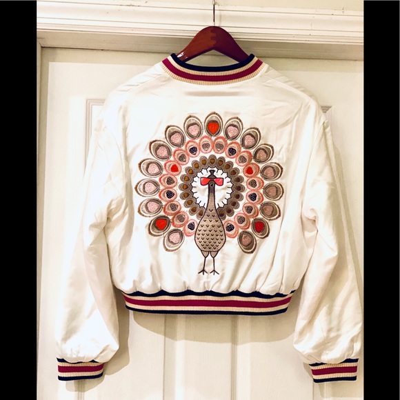 Maje Jackets & Blazers - RARE White Poly Bomber Web Patch & Peacock Detail